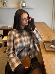 Aiertu  -  Patchwork Plaid Cape Style Jacket Coat Lapel Vintage Pocket Short Overcoat Loose Casual Fashion Temperament Women Outwear Spring Aiertu