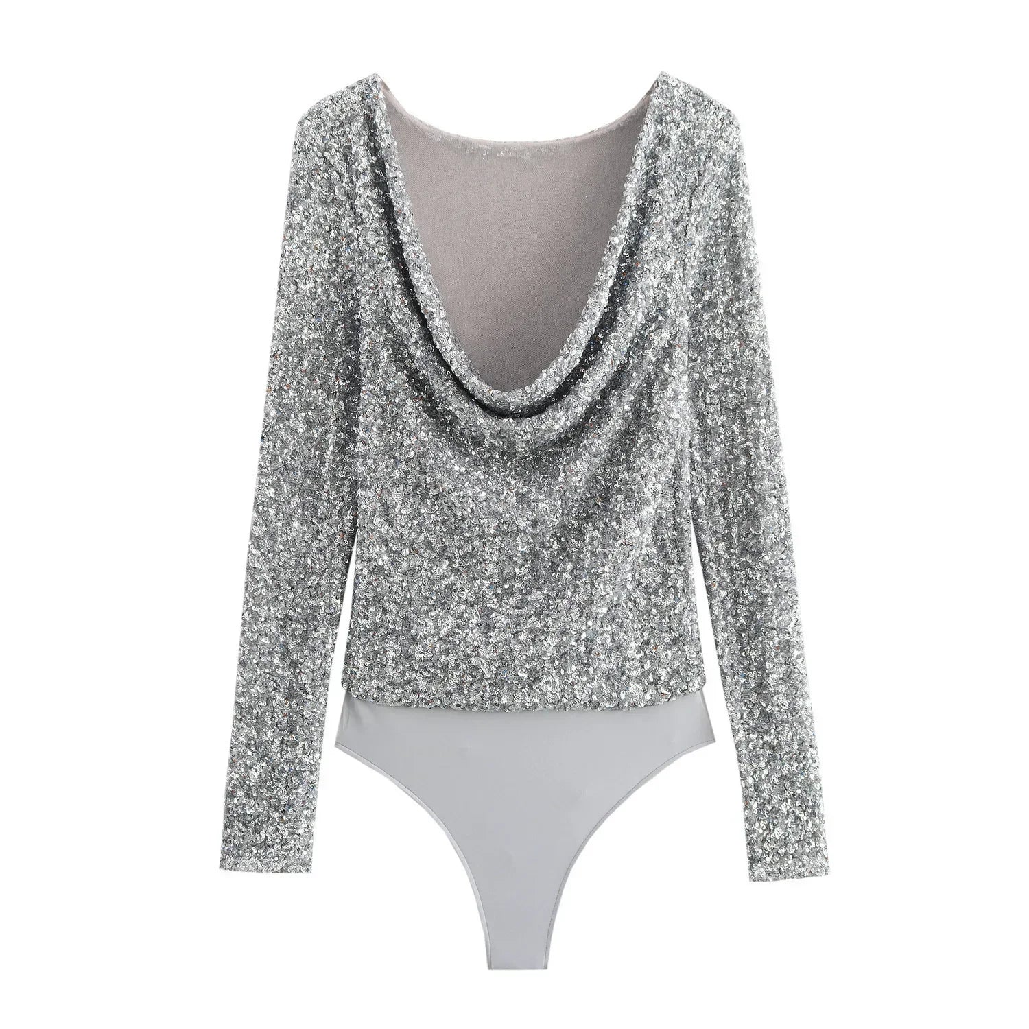 Aiertu  -  Party Silver Sequins Bodysuit Women Club Fashion Sexy Cowl Neck Long Sleeve Shiny Bodycon One Piece Vacation Beach Top Aiertu