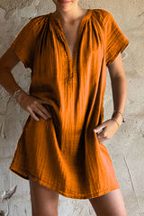 Aiertu  -Casual Solid Color Patchwork Ruched V Neck Short Sleeve Short Sleeve Dress aiertu