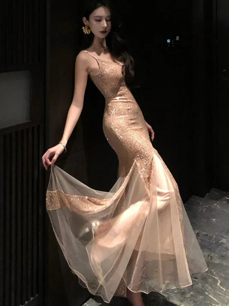 Aiertu  -  Sexy Sequin Womens Dresses Elegan Mesh Patchwork Wedding Evening Party Mermaid Dress Summer Spring Female Vestidos Long Robe New Aiertu