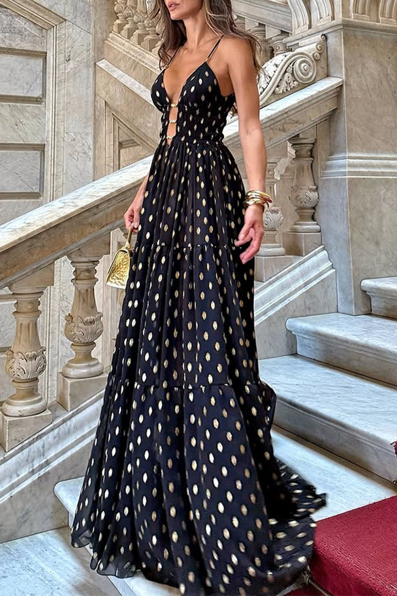 Aiertu  -Sexy Polka Dot Contrast V Neck Long Dresses aiertu