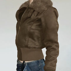 Aiertu  -   Women Retro Fur Collar Faux Suede Zipper Jacket Fashion Y2K Slim Winter Plush Coat Streetwear Korean Aesthetic Outfit Aiertu