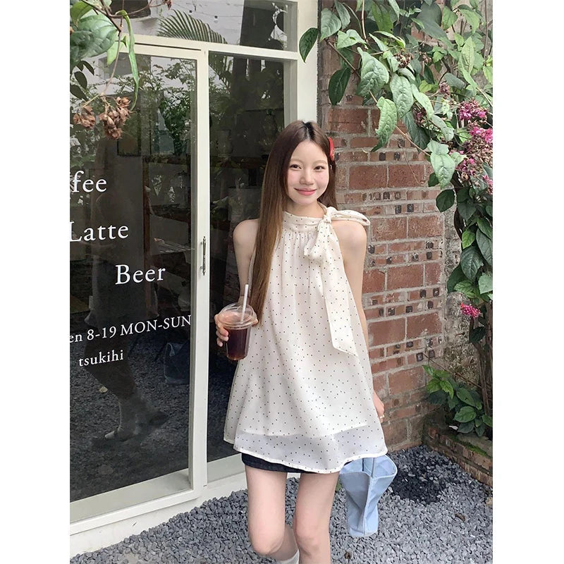 Aiertu Sweet Dot Shirts Women Elegant Bow Bandage Blouses Vintage Halter Print Tops Summer Korean Sleeveless Casual Clothes New Aiertu