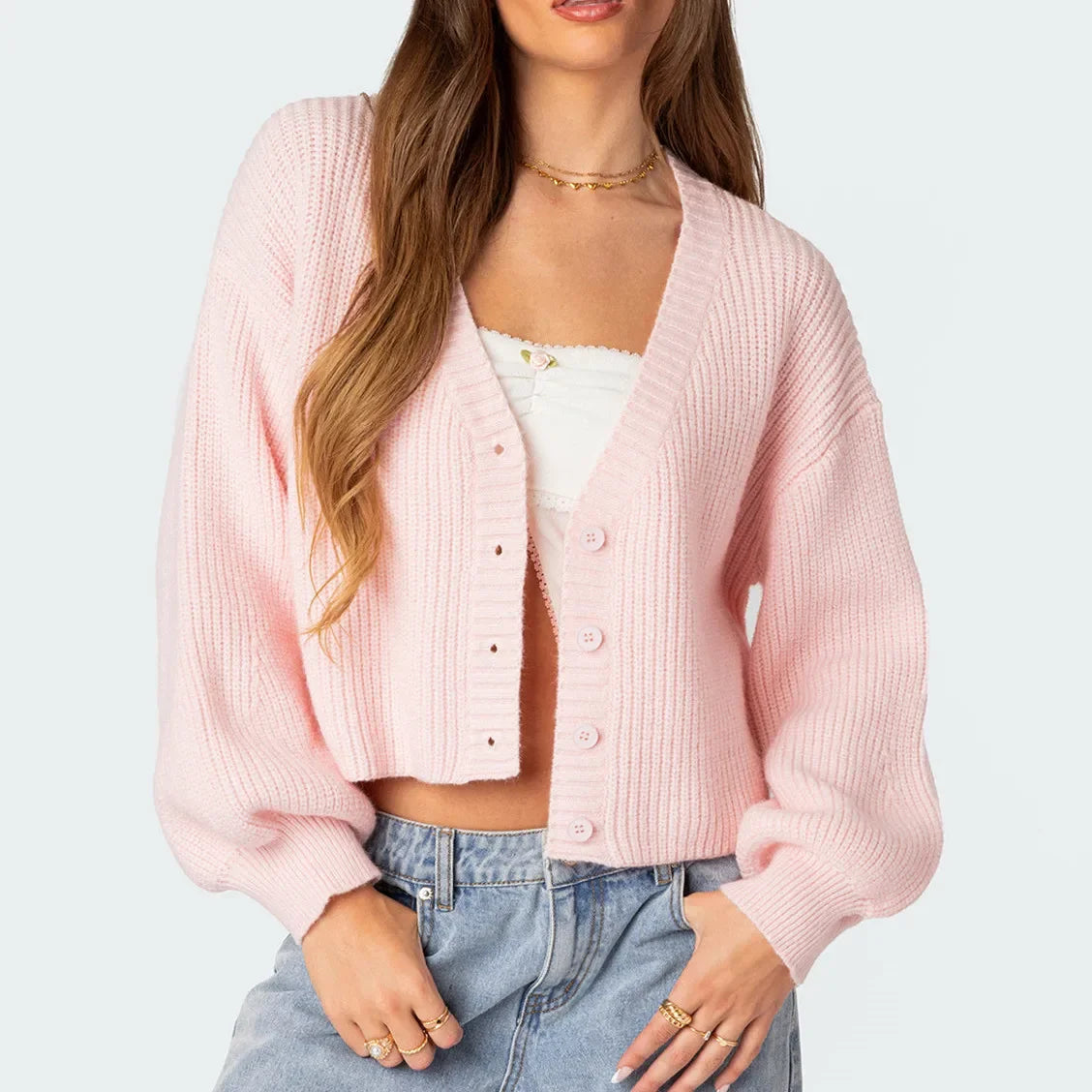 Aiertu  -  Women's Knit Crop Cardigan Casual Loose Solid Color V Neck Long Sleeve Button Down Sweater for Winter Fall Streetwear Aiertu