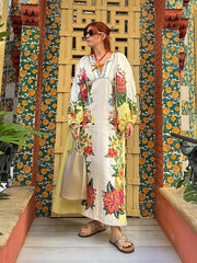 Aiertu  -  Print Linen Dress Women Elegant Loose Lace Up V Neck Vintage Vestidos Female Summer Long Sleeves Fashion High Waist Robe Aiertu