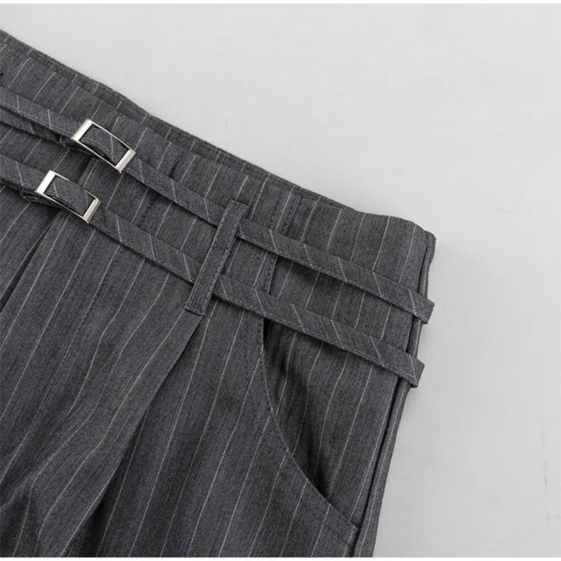 Aiertu  -  Commute Striped Pants Women High Waist Wide Leg Floor-length With Belt Pants Female 2025 Spring Summer Chic Street Lady Trousers Aiertu
