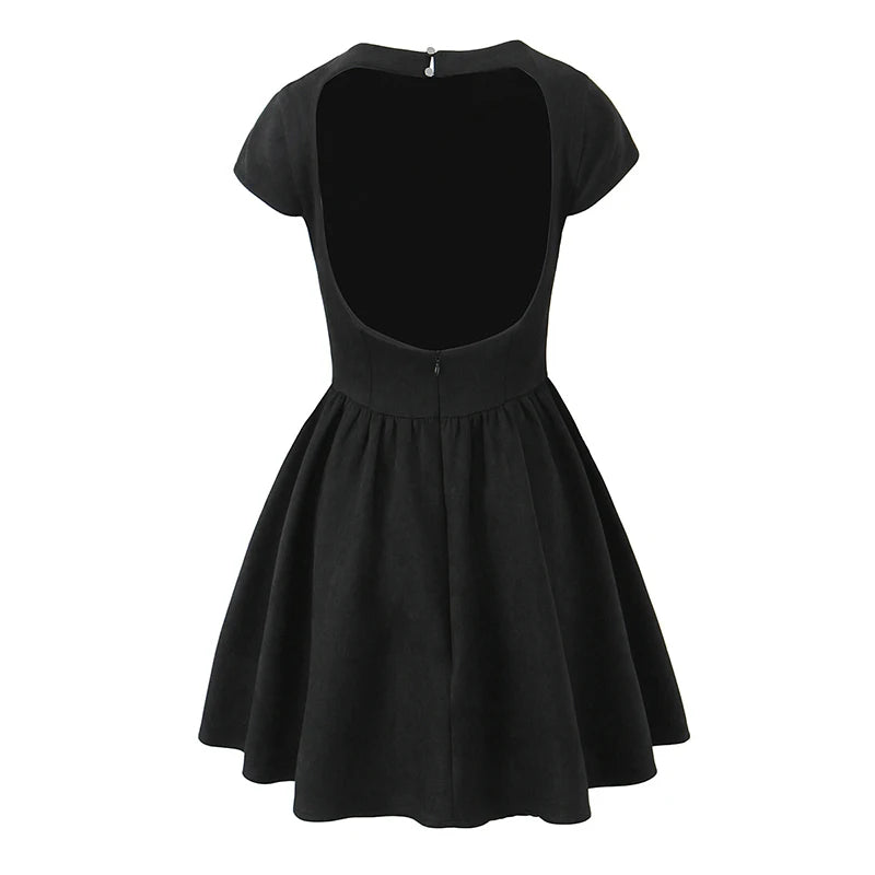 Aiertu  -  Spring 2025 Women Black Wine Red Backless Dress O Neck Short Sleeve A-line Mini Velvet Dresses Party Robe Aiertu