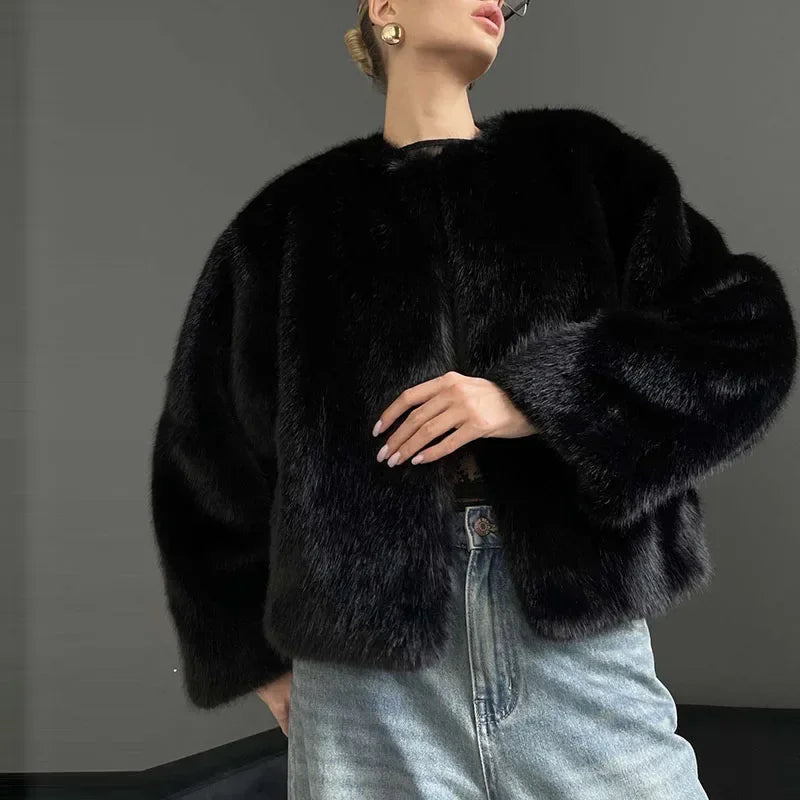 Aiertu  -  Elegant Faux Fur Solid Women Coat O Neck Loose Full Sleeve Female Jacket 2024 Fashion Autumn Winter Warm Thicken Lady Outwear Aiertu