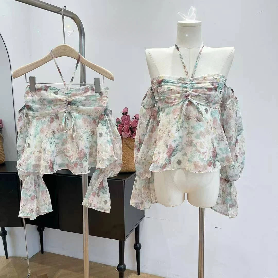 Aiertu  -  Summer French Style Floral Blouse Woman Chiffon Casual Sexy Tops Sweet Korean Fashion Ruffled Tops Spicy Girls Cyaru Aiertu