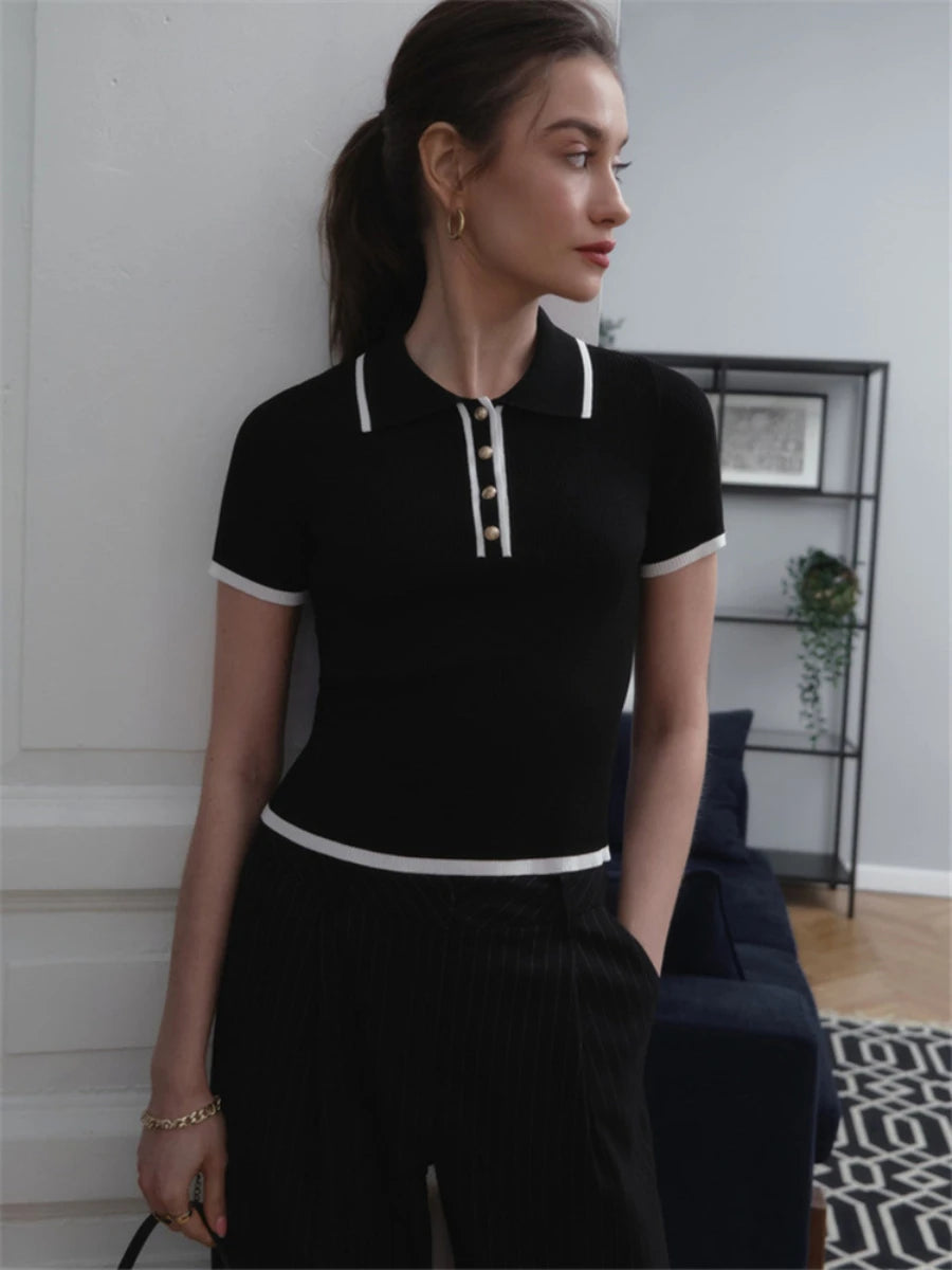 Aiertu  -  Knit Sweater Pullover Women Short Sleeve Patchwork Slim  Elegant Contrast Knitwear Top Female Skinny Ribbed Pullover Aiertu
