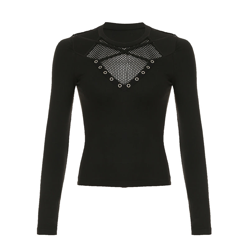 Aiertu - summer inspo Darkly Punk Cothic Women Long Sleeve T-Shirt Patchwork Chic Fabric Cut Out O-Neck Top Tees Slim Sexy Solid Tops Aiertu