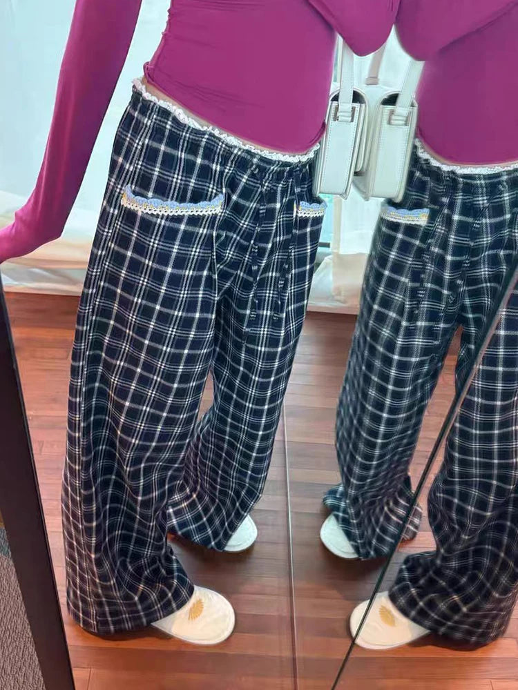 Aiertu  Lace Patchwork Plaid Pants Women Loose Vintage High Waist Trousers Casual Korean Design Female Sweet Wide Leg Pants Spring Aiertu