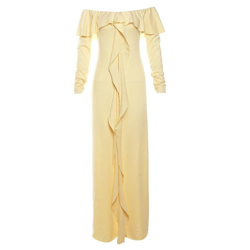 Aiertu  -  Elegant Maxi Dress Tassel Ruffles Women Slash Neck Off Shoulder Full Sleeve Ladies Evening Party Prom Slim Vestidos Aiertu