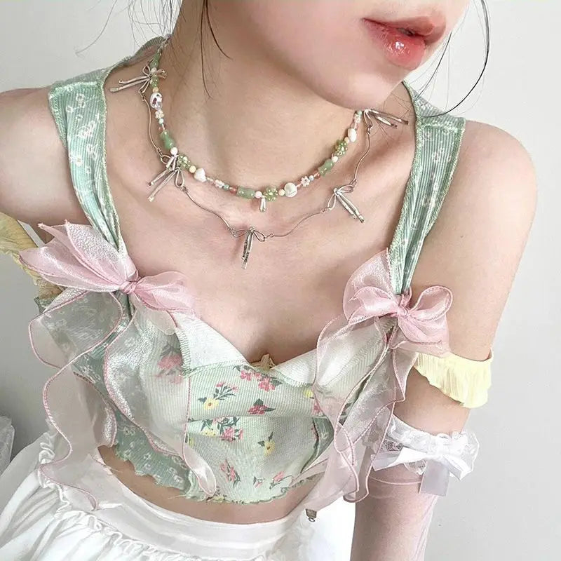 Aiertu  -  Bow Y2k Aesthetic Sweet Printing Women Crop Top Streetwear Grunge Slim Tanks Tops Vintage Patchwork Harajuku Camisoles Summer Aiertu