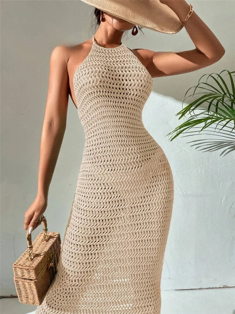 Aiertu  -  Halter Hollow Out Knit Bodycon Dress A-Line Sexy Summer Hoilday Sundress Beachwear Women Backless Maxi Dresses Chic Ladies Robe Aiertu