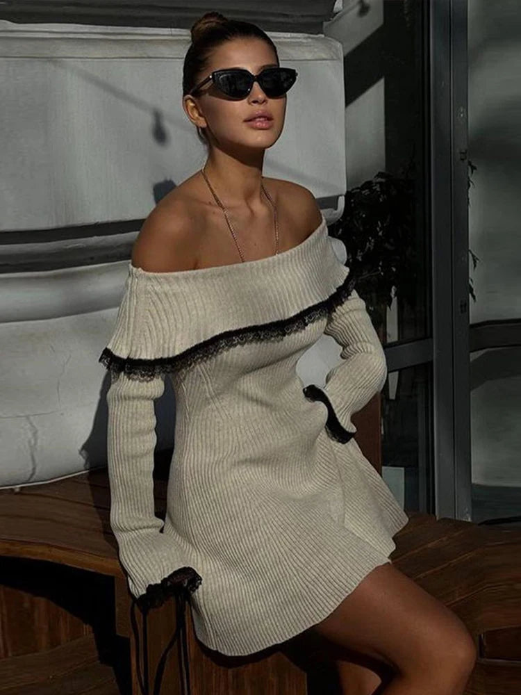 Aiertu  -  Women Off-Shoulder Lace Knitted Dress Long Sleeve Bodycon Sexy Mide Dresses Ribbed Elegant Casual Club Partywear 2026 Autumn New Aiertu