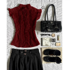Aiertu  -  Vintage Shirts Women Harajuku Aesthetic Ruffles Lace Up Blouses Summer Ladies Korean Stand Flying Short Sleeve Design Tops Aiertu