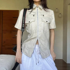 Aiertu  -  Pockets Zipper Short Sleeve Tops Y2k 2000s Style Shirts & Blouses for Woman Downtown Clothes P84-EE20 Aiertu