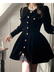 Aiertu  -   party look snspos Autumn Black Velvet Dresses for Women Long Sleeve Single Breasted Evening Party Dress Korean Fashion A-line Vestido Mujer New Aiertu