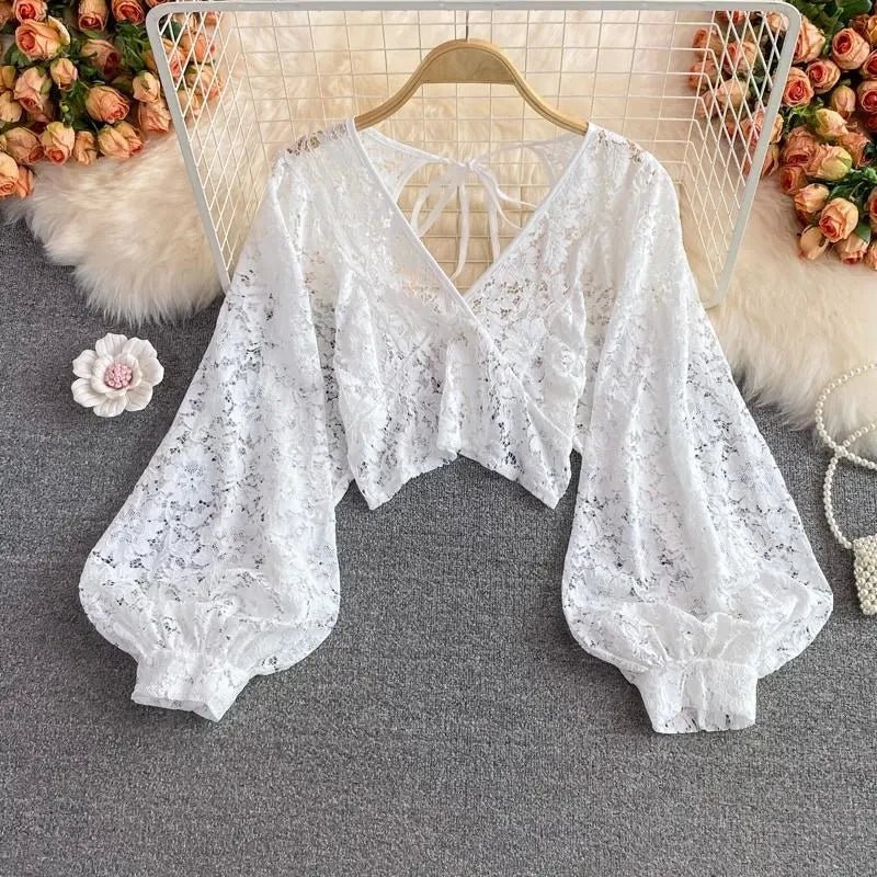 Spring Outfits Back To School Outfits Sexy Lace Hollow Out Blouse Women Summer V-Neck Puff Sleeve Backless Tops Casual Korean Slim Lace Up Solid White Crop Tops Aiertu