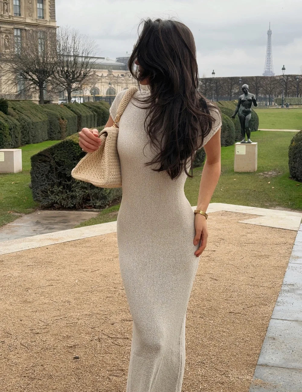 Aiertu  -  Summer Maxi Knit Dress Female Solid Short Sleeve Holiday Party Clothes Slim A-line Round Collar Lady Sweater Dress Casual Aiertu