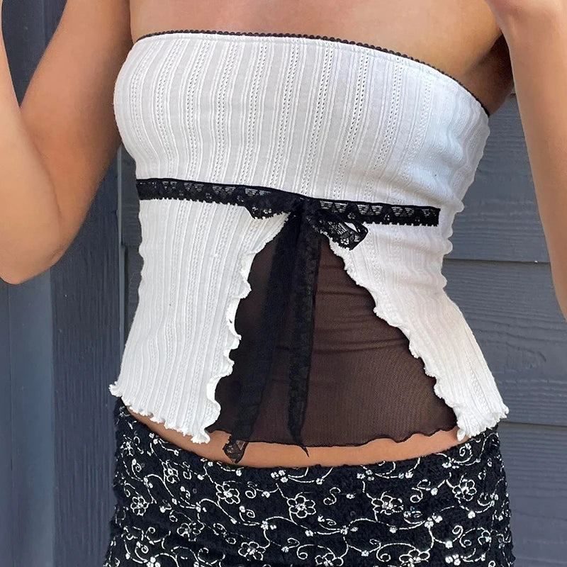 Aiertu outfit ideas Hotsweet Bow Crop Tops Chic Lace Patchwork Strapless Vests Y2K Streetwear Aesthetic Fashion Sleeveless Slim Camis Aiertu