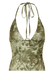 Aiertu - summer inspo Retro Forest Green Tie Dye Print Summer Boho Camisole Seeveless Backless Tie Halter V Neck Sexy Crop Top Women Vacation Shirts Aiertu