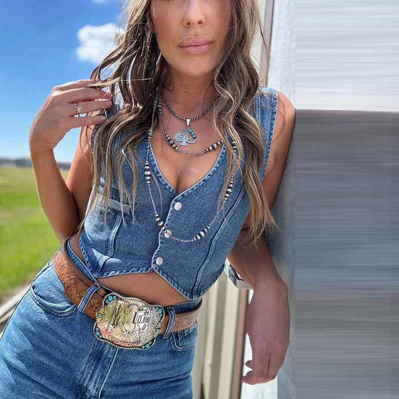 Aiertu  -  Vintage Women V-neck Single-breasted Denim Vest Sleeveless Slim Cinching Short Jeans Tops for Female Soild Distressed Streetwear Aiertu