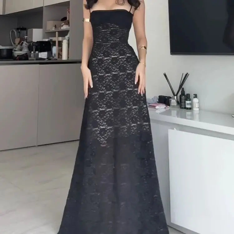 Aiertu  -  Elegant See Through Dress Women Backless Sleeveless Cross Lace-Up Spaghetti Strap Sexy Flower Motif Midnight Vestidos Aiertu
