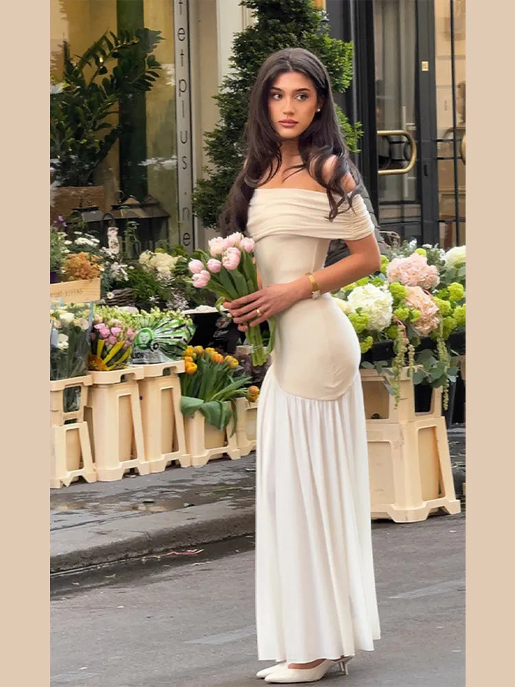 Aiertu  Elegant Low Neck Pleated Long Dress Fashion Off Shoulder Patchwork See Through Gown New Female Summer Vacation Besch Robes aliexpress
