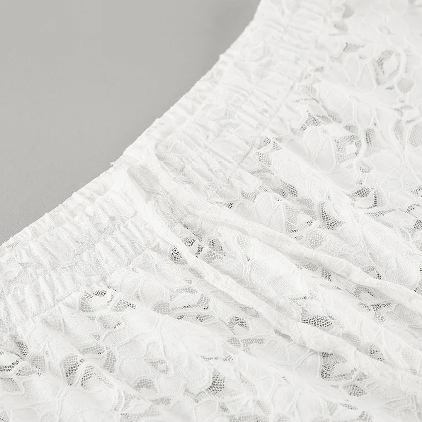 Aiertu  -  White Lace Jacquard Sheer Wide Leg Pant Women Drawstring High Waist Transparent Trouser Summer Sexy Casual Chic Bohemian Trouser Aiertu