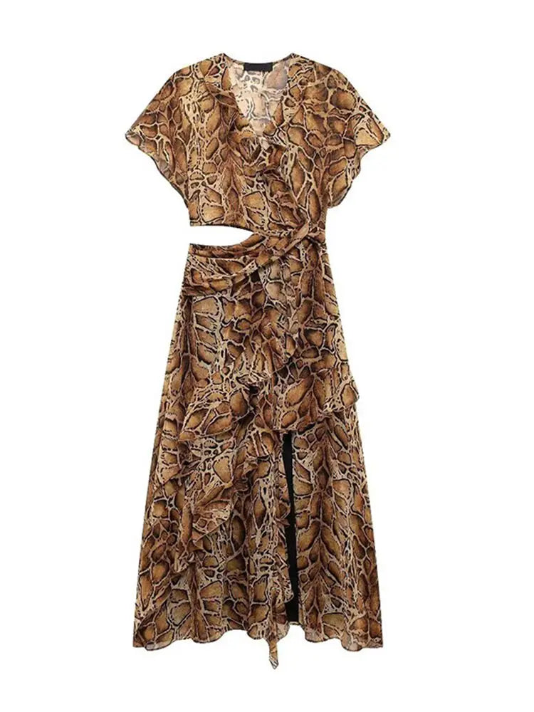 Aiertu  -  Women Fashion Printed Hollow Waist Split Midi Dress Elegant Irregular Ruffle Hem Short Sleeve Dresses 2026 Lady High Street Robe Aiertu