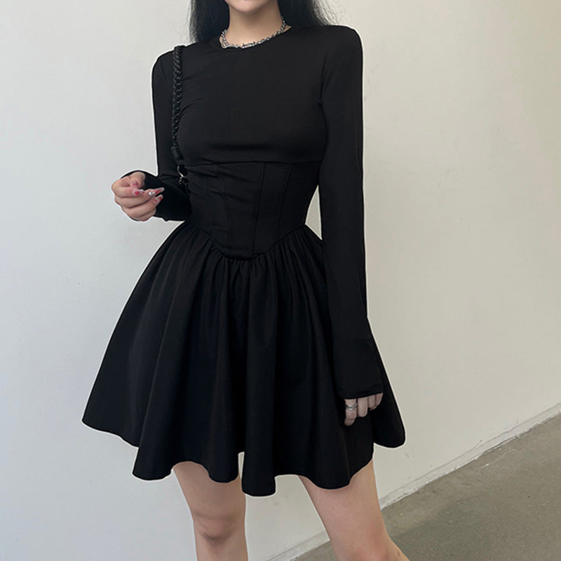 Aiertu - Corset Detail Black Long Sleeve Mini Dress Aiertu