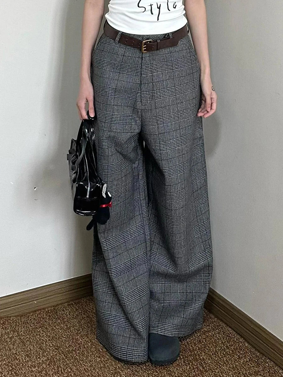 Aiertu  -  Women Checkered Tweed Suit Pants Office Work Casual Wide Leg Boot Cut High Waist Long Trousers Dressy Vintage Clothes Aiertu