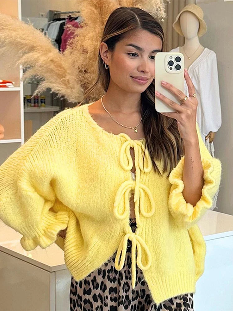 Aiertu  -  Lace Up Bow Women's Sweater Fashion Flared Sleeve O-neck Loose Female Knit Cardigan 2026 Autumn Street Casual Lady Knitwear Aiertu
