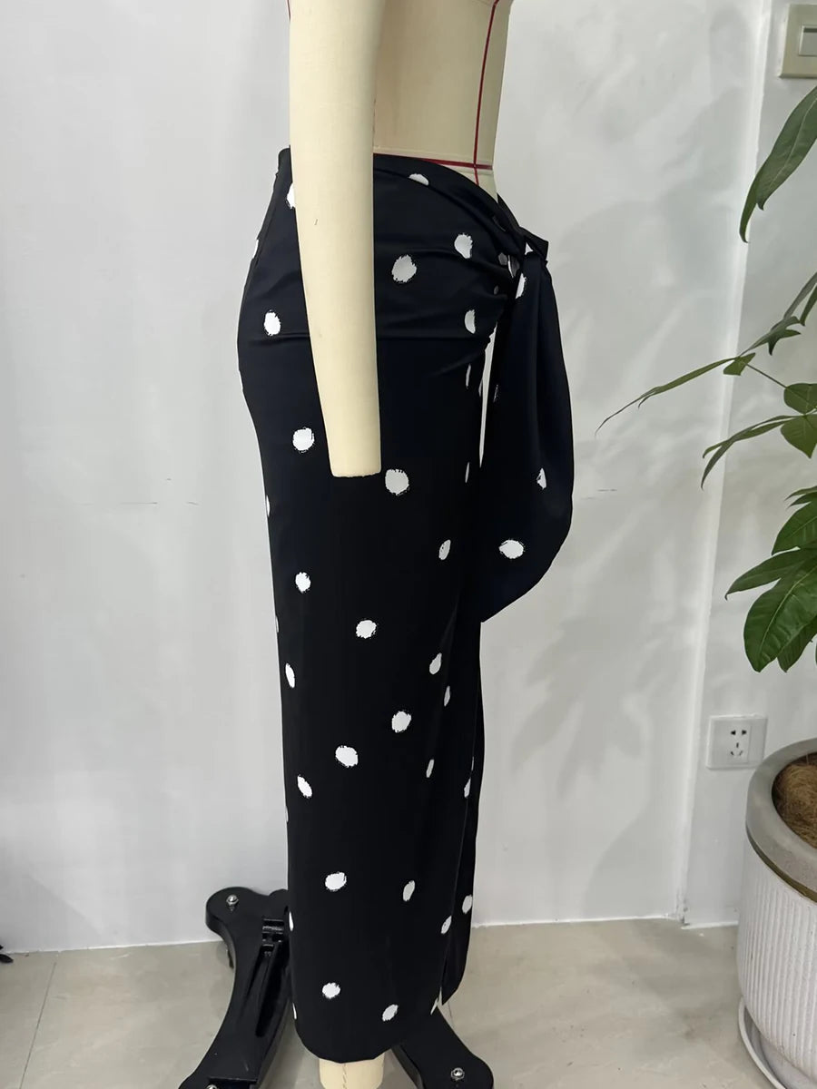 Aiertu  -  Polka Dot Print Black Midi Skirt Women High Waist Folds Elegant Slim Split Long Skirts Summer New Vintage Casual Fashion Faldas Aiertu