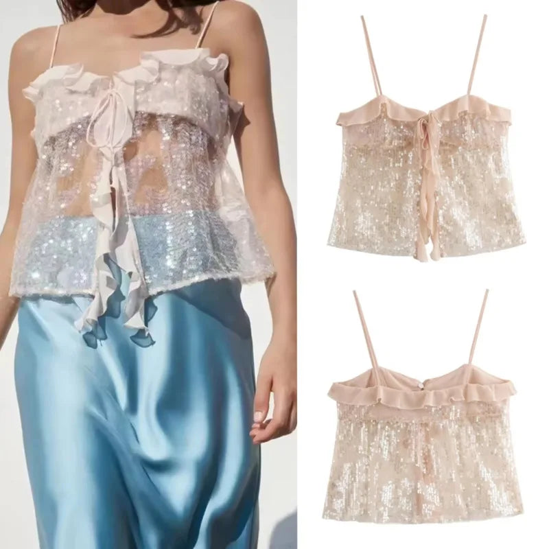 Aiertu  -  Women Chic Ruffles Sequined Design Chiffon Sling Camis 2025 New Lady Backless See Through Short Crop Shirt Blouse Tank Tops Aiertu