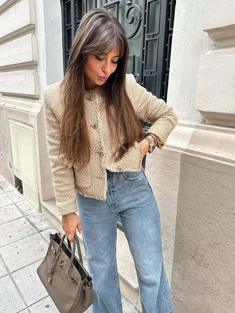 Aiertu  -  Tweed Woolen Khaki Short Blazer Jacket Pockets Tassel Office Lady Vintage Slim Elegant Coat Women Autumn Winter New Aiertu