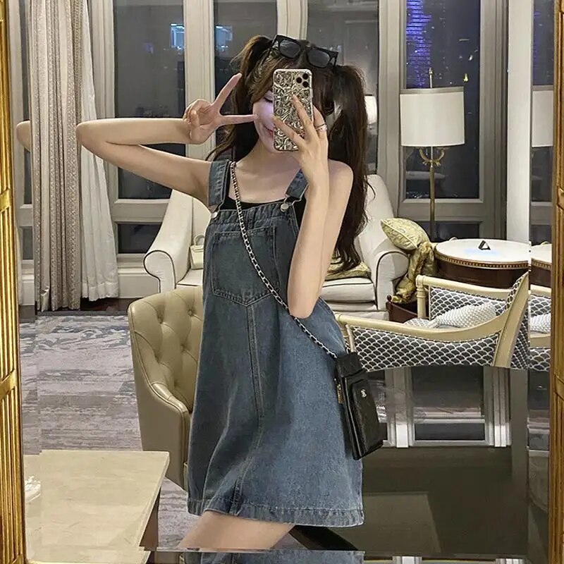 Aiertu Korean 2000s Fashion Denim Dresses for Large Women Plus Size Summer Casual Teen Strap Retro Jeans Loose Overall Dress Women Aiertu