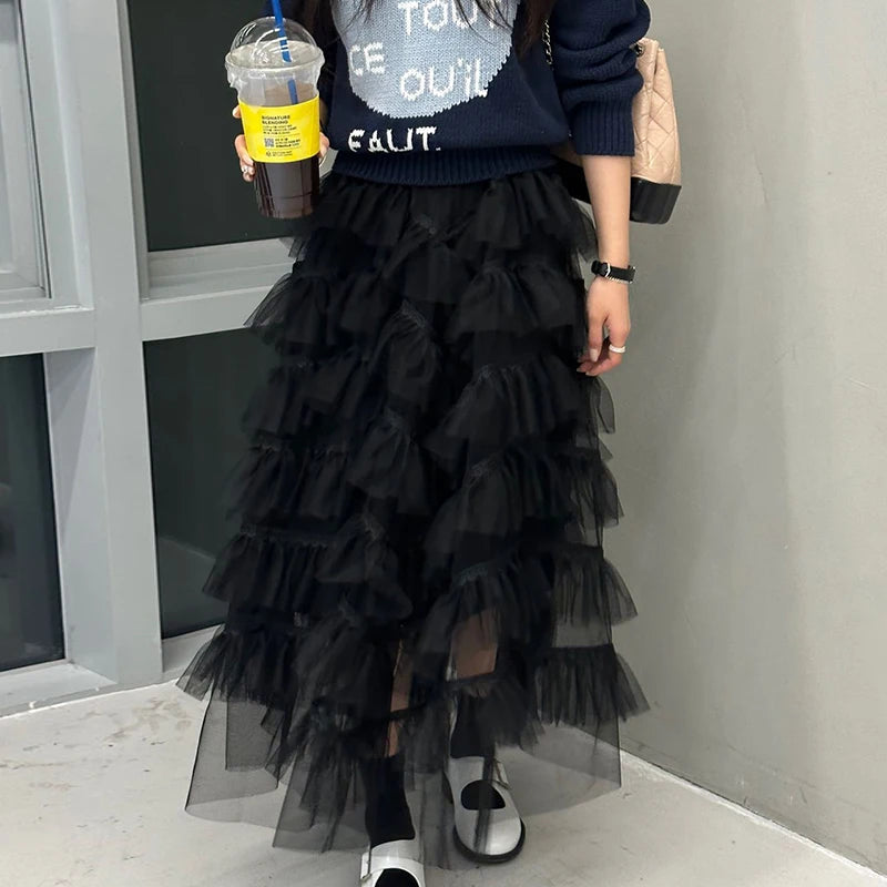 Aiertu  -  Perspective Splicing Lotus Leaf Edge Faldas Mujer Moda Korean Fashion Clothing Midi Skirt Jupe Long Pleated Mesh Skirts Vintage Aiertu