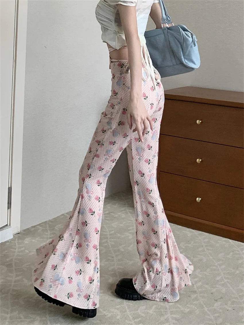 Aiertu  -  Slim Mopping Flare Pants Women High Waist Slim-Fit Printed Chic Autumn Casual Streetwear Office Lady Florals Aiertu