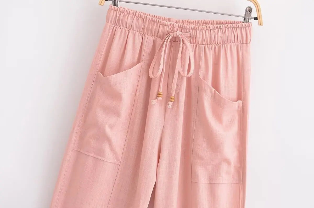 Aiertu  -  American hottie elastic high-waisted straight casual pants for women summer new linen blended bloomers Aiertu