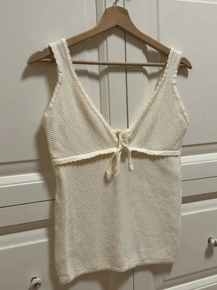 Aiertu  -  Retro Deep V Neck Crop Top Women Y2k Ruffle Vintage Tank Tops Womens Tie Up Bow Knitted Woman Backless Cute Tops 2026 New Aiertu