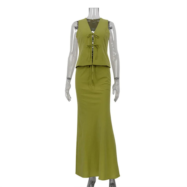 Aiertu  -  Sexy Tank Top Half Skirt Two Piece Set Women's Summer V-Neck Sleeveless Lace up Vest Long Ladies Skirts Chic Suits Aiertu