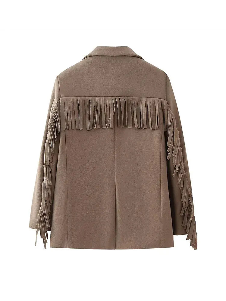 Aiertu  -  Casual Tassels Patchwork Long Sleeves Blazer Women Lapel Single Breasted Buckle Slim Jacket 2026 New Female Commute Outwear Aiertu