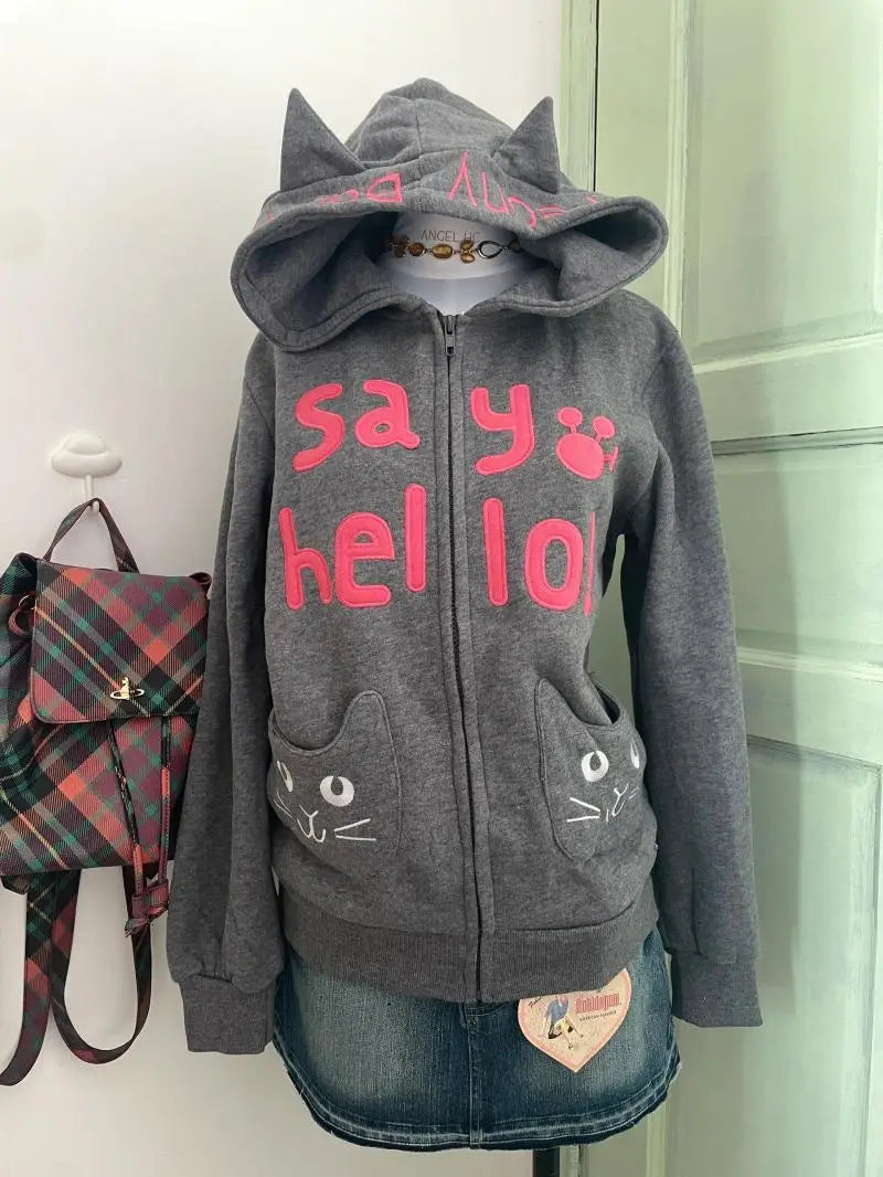 Aiertu  -  American Street Cartoon Cat Embroidered Cardigan Hooded Warm Top for Women Y2k Harajuku Loose Design Zipper Cat Ear Coat Ins Aiertu