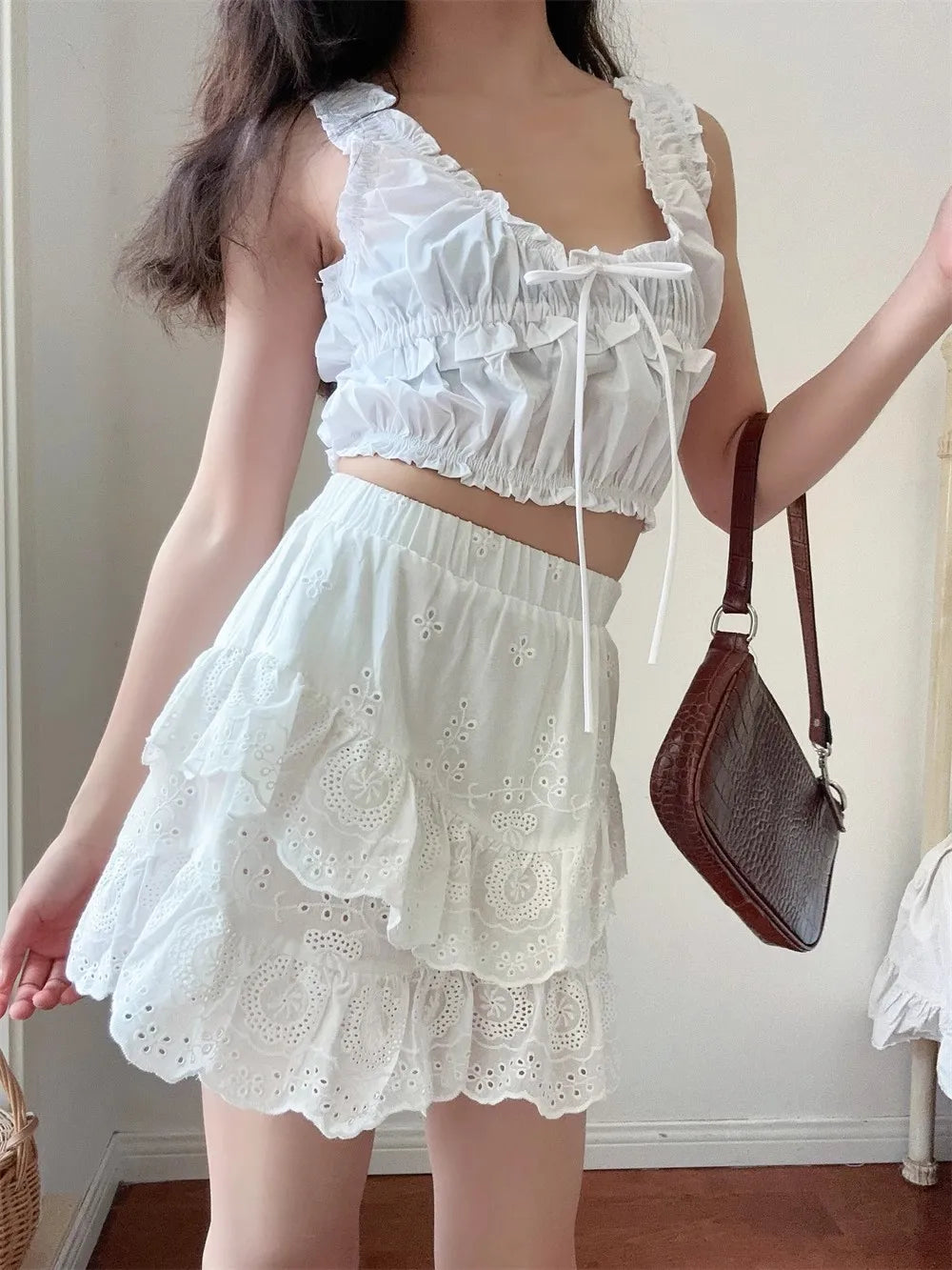 Aiertu  -  Summer Korean fashion mini skirts kawaii vintage clothes cute white lace skirts for woman high waist ruffle skirts embroideryed Aiertu