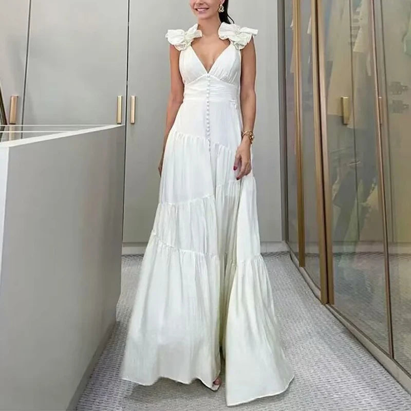 Aiertu  -  Elegant Deep V-neck Sleeveless Evening Dress Women Fashion Pleated Hight Waist Long Dress Sexy Backless Solid Slim Party Dresses Aiertu