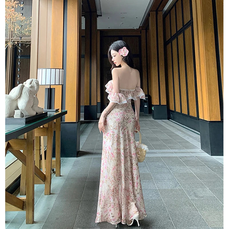 Aiertu  -  Vintage Floral Long Dress Women Elegant Vacation Sexy Slash Neck Maxi Dresses Summer Fairy Korean Beach Bodycon Vestidos Aiertu