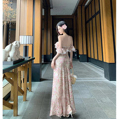 Aiertu  -  Vintage Floral Long Dress Women Elegant Vacation Sexy Slash Neck Maxi Dresses Summer Fairy Korean Beach Bodycon Vestidos Aiertu